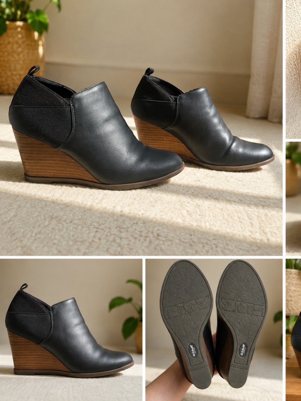 Dr. Scholl's Black Wedge Ankle Booties with Brown Wood-Look Heel